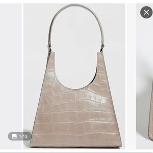 STAUD Rey Croc Embossed Leather Shoulder Bag in French Gray